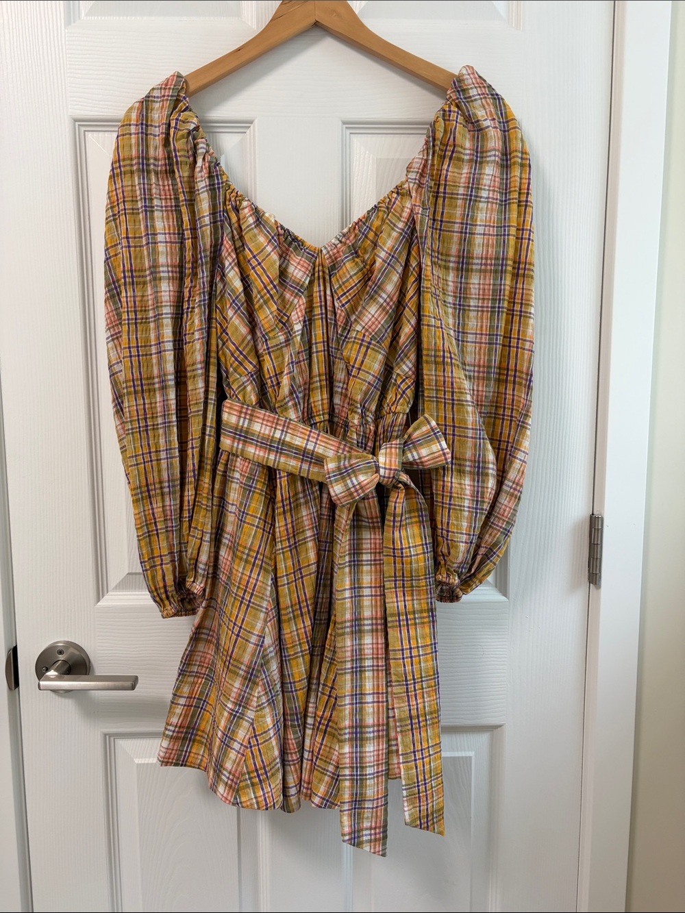 Tanya Taylor Xenia Yellow Multi Plaid Puff-Sleeve Belted Mini Dress